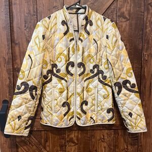J. McLaughlin‎ Quilted Jacket XS Silk Blend Abstract Pattern Brown Yellow